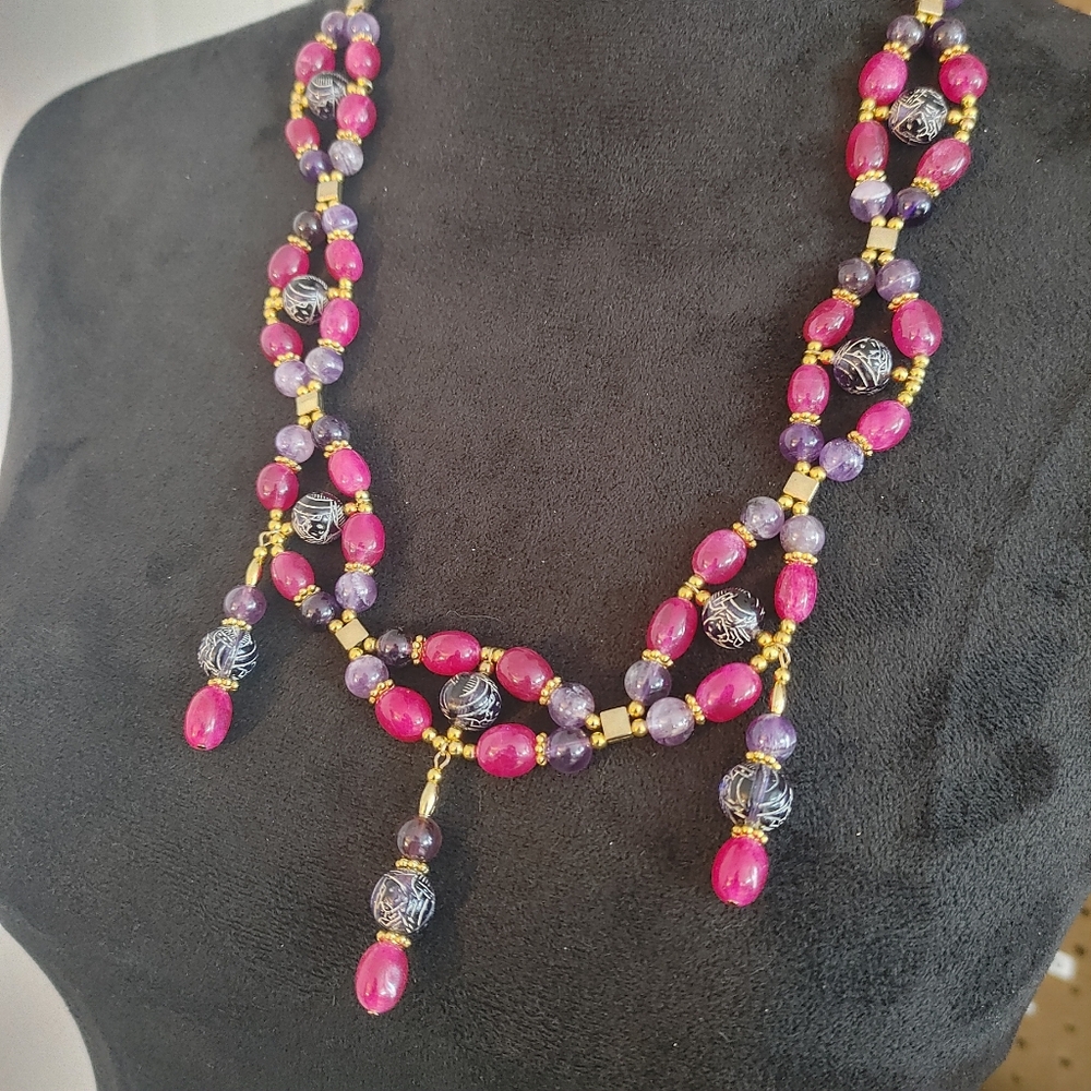 SOLD - bakerjen4 - Vintage hand carved Asian Beads, Rubies and Amethyst Necklace